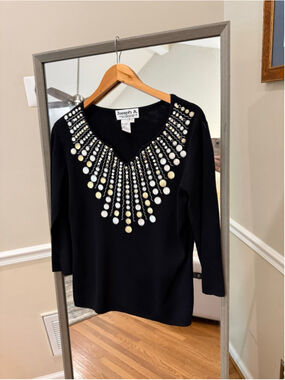 Women's Joseph A. Black V-Neck Sweater with Silver Embellishments, Size L